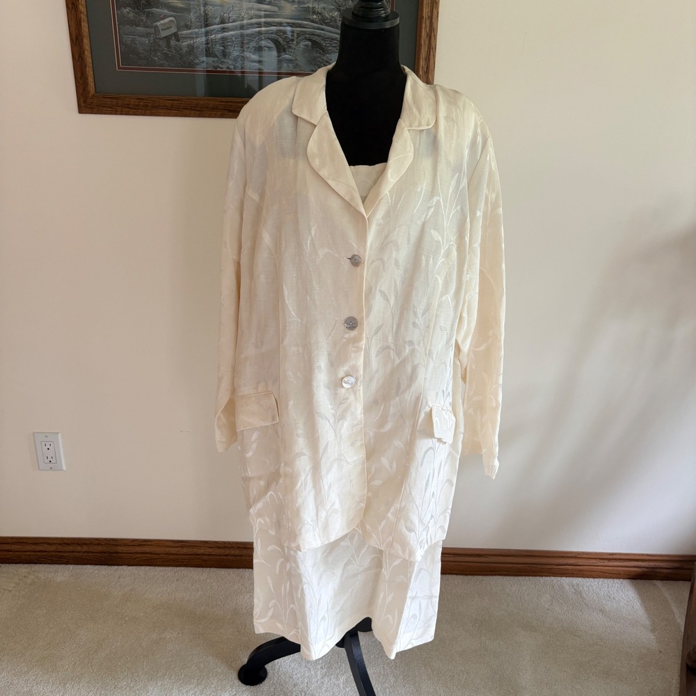Ashley Stewart Skirt Suit Set Womens 24W Cream Linen Blend Jacquard Long Blazer